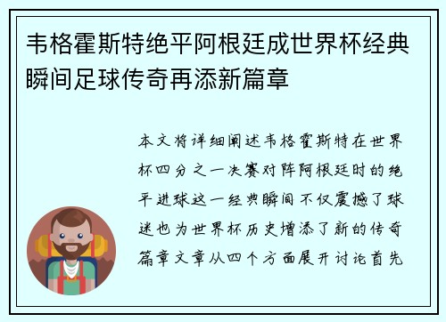 韦格霍斯特绝平阿根廷成世界杯经典瞬间足球传奇再添新篇章